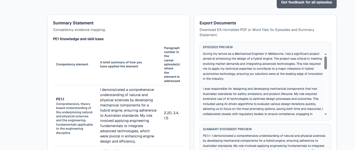Summary statement table showing competency element mapping for Engineers Australia CDR requirements
