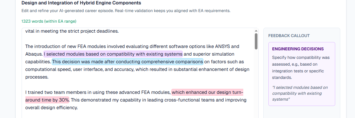 AI-generated career episode with inline feedback highlighting for Engineers Australia CDR