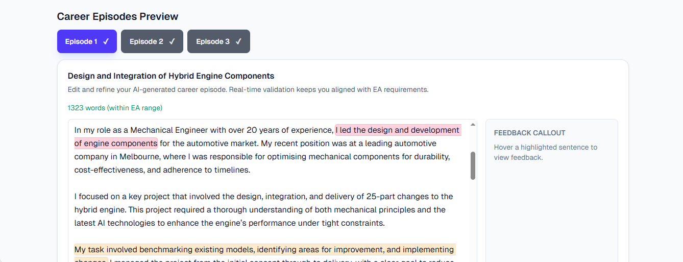 Career episode editor with inline AI feedback highlighting grammar, structure, and engineering language for Engineers Australia CDR